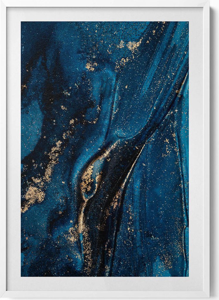 Flüssige Abstraktion mit Goldpartikeln– Wandbild mit Rahmen – Gerahmtes Bild – Wanddekoration – 70x100 cm – Weiß Rahmen