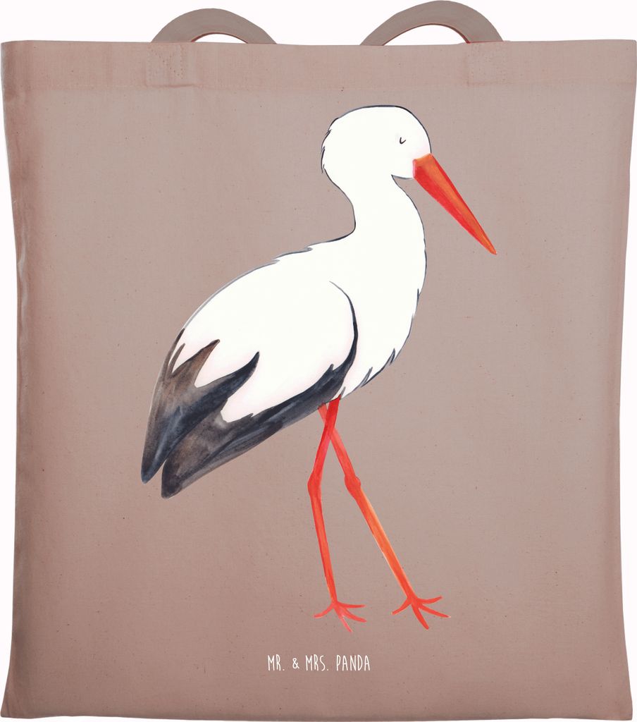 Mr. & Mrs. Panda Jutebeutel Storch - Braun Pastell - Geschenk, Beutel, Störche, Uni Tasche, Geburt, Schwangerschaft, Mütter, Baby, Einkaufstüte,...