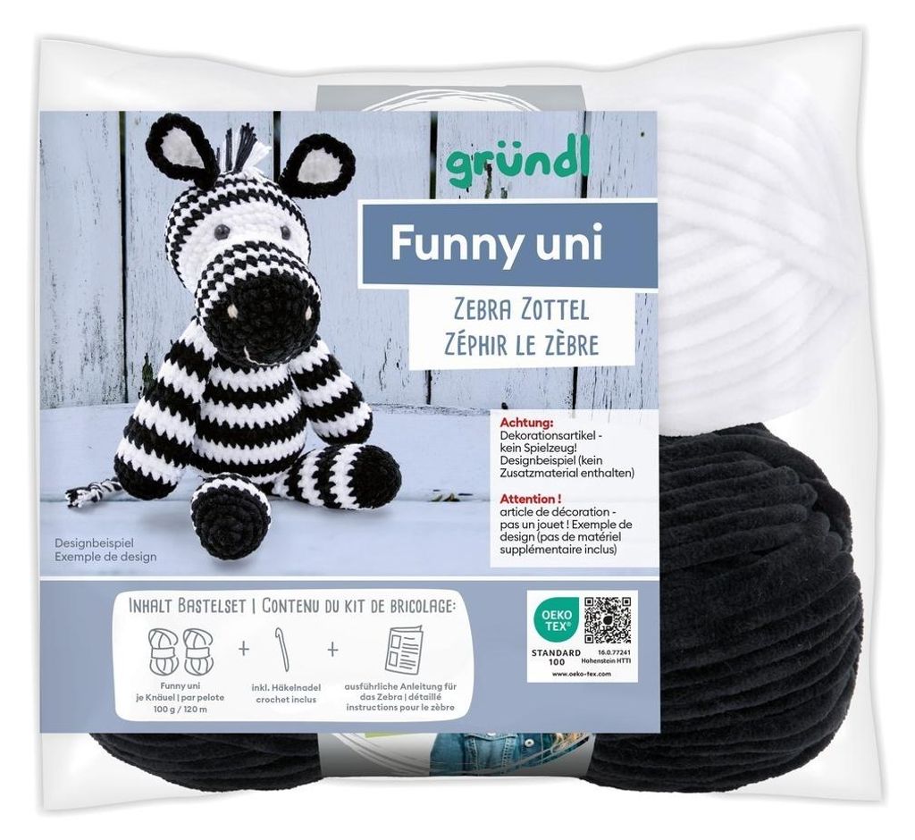 Gründl Funny uni Häkelset,Häkeltier,2 x100g Funny uni Chenillegarn, 1 Häkelnadel +Anleitung Deutsch Zebra Zottel
