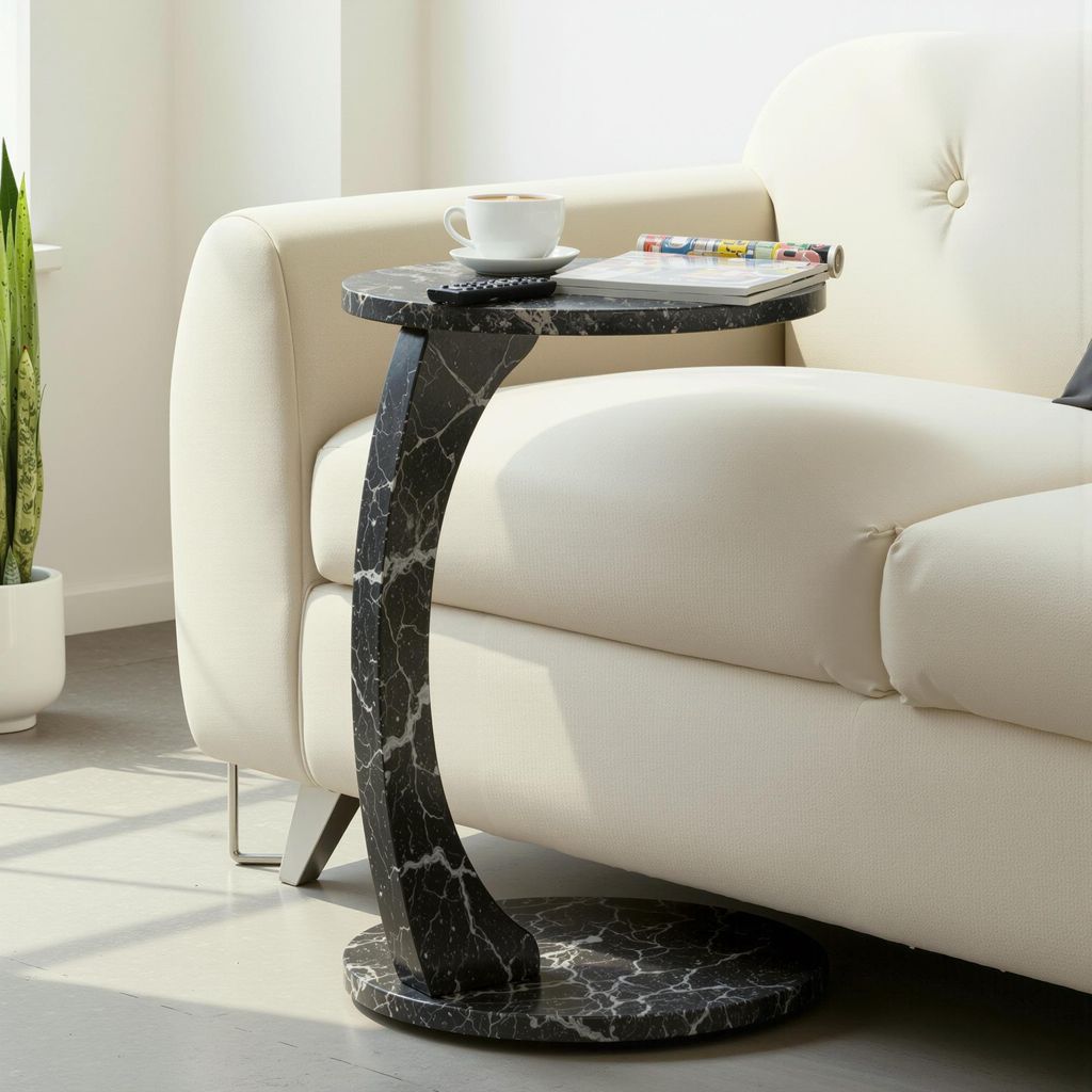 Carenza Home Beistelltisch C-Form Marmor Schwarz, Sofatisch mit Rollen, Couchtisch rund Marmoroptik, Laptoptisch Couch, 56 x 38 cm