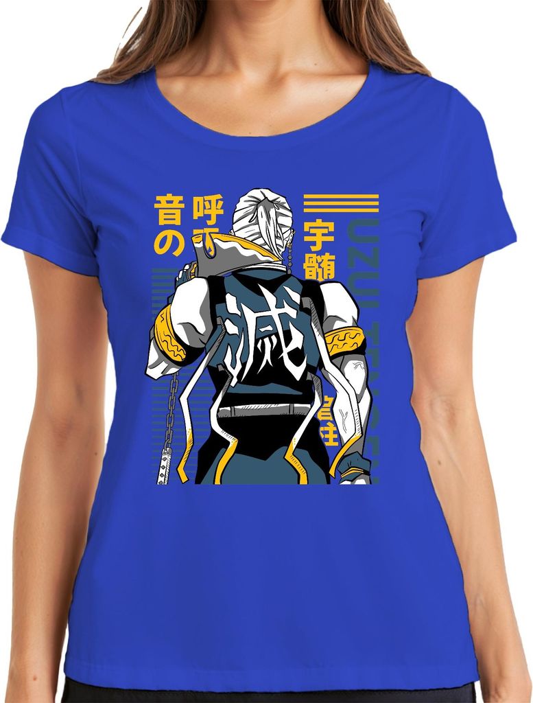 Uzumaki Ninja Rückenfigur Kanji Samurai Manga Geschenk Japan Y2K Streetwear Damen T-Shirt, Blau, L