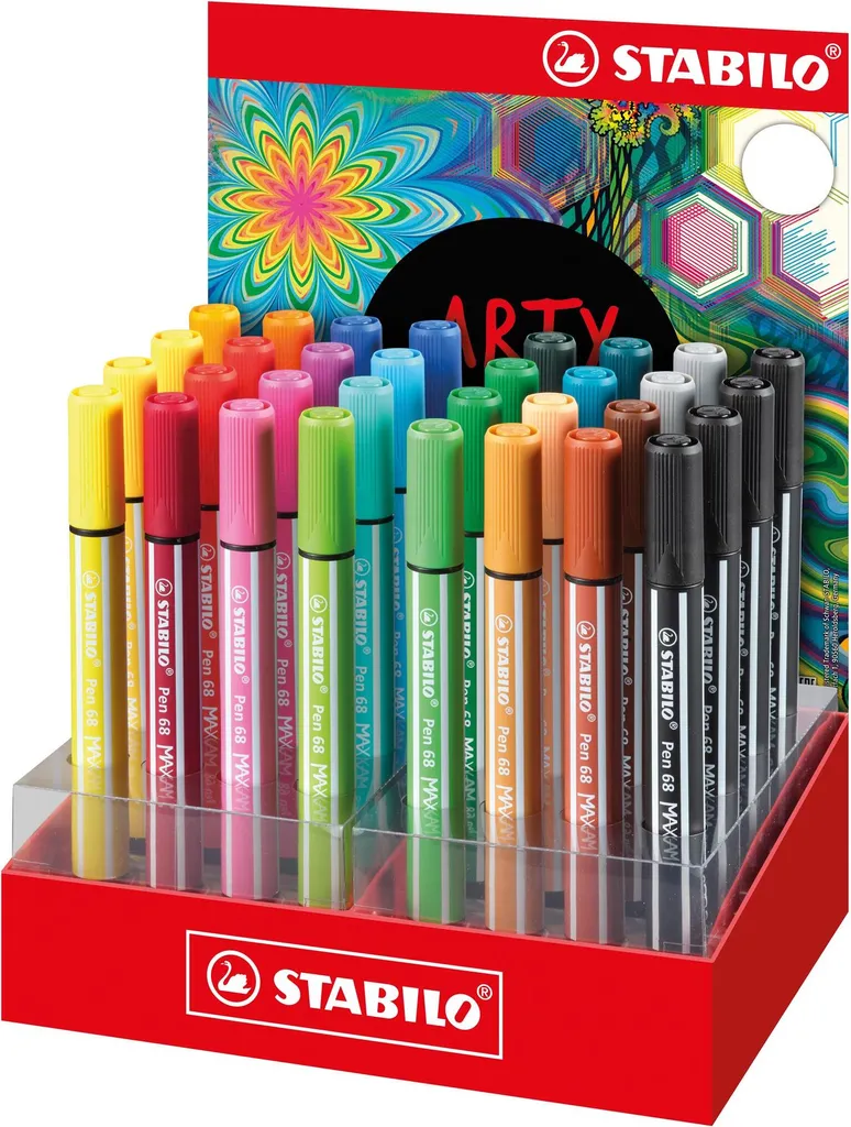 STABILO Pen 68 MAX Arty Présentoir 24 Couleurs Feutre Premium Pointe Large