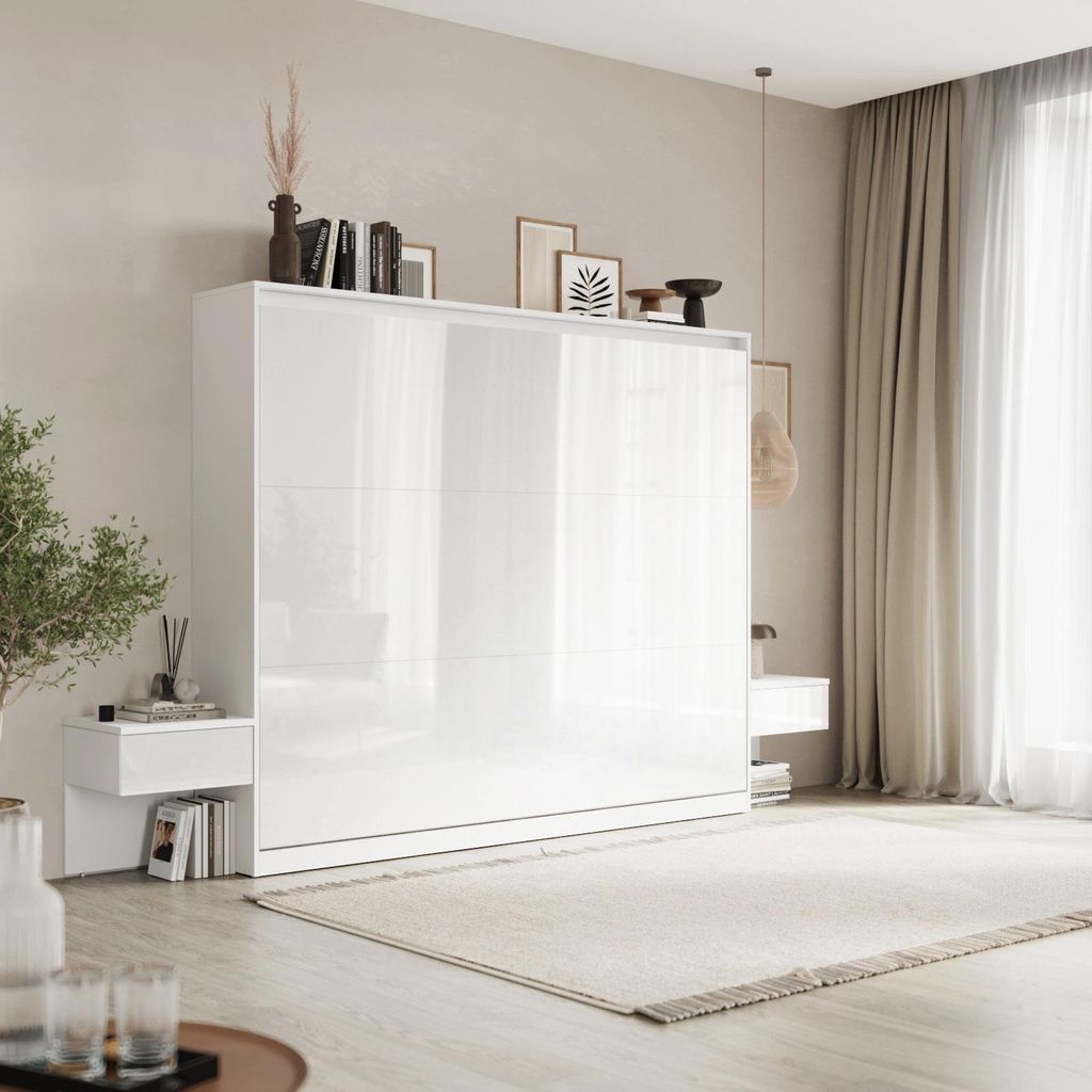 SMARTBett Set 160-Schrankbett Horizontal CLASSIC mit 2 Nachtkonsolen Weiss Hochglanz