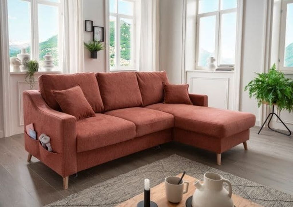 Benformato Ecksofa Valentina mit Bettkasten in verschiedenen Farben erhältlich Mikrofaser : Koralle-Rot Designer-Farben: Koralle-Rot