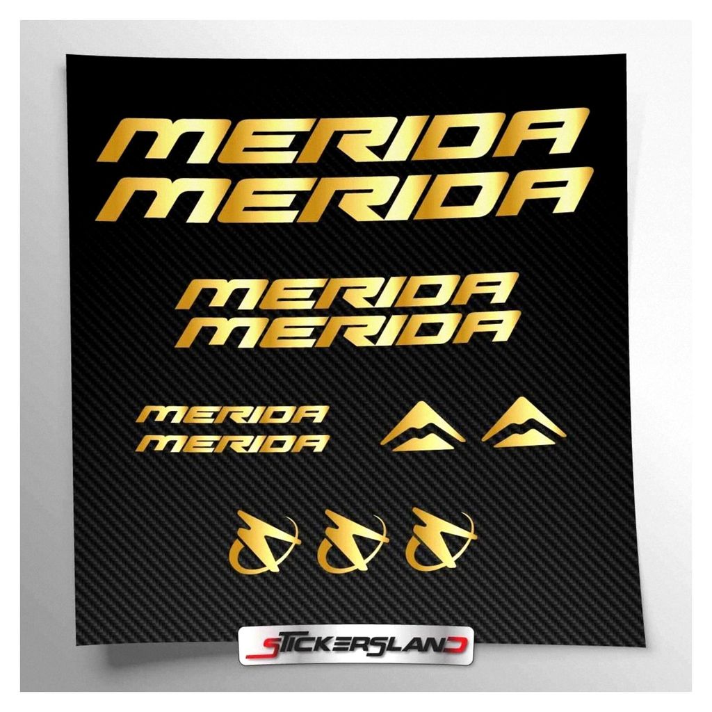 Aufkleber-Set für Merida MTB Mountainbike und Helm | Decals für Fahrrad Schriftzug Logos (Gold glänzend metallisch)