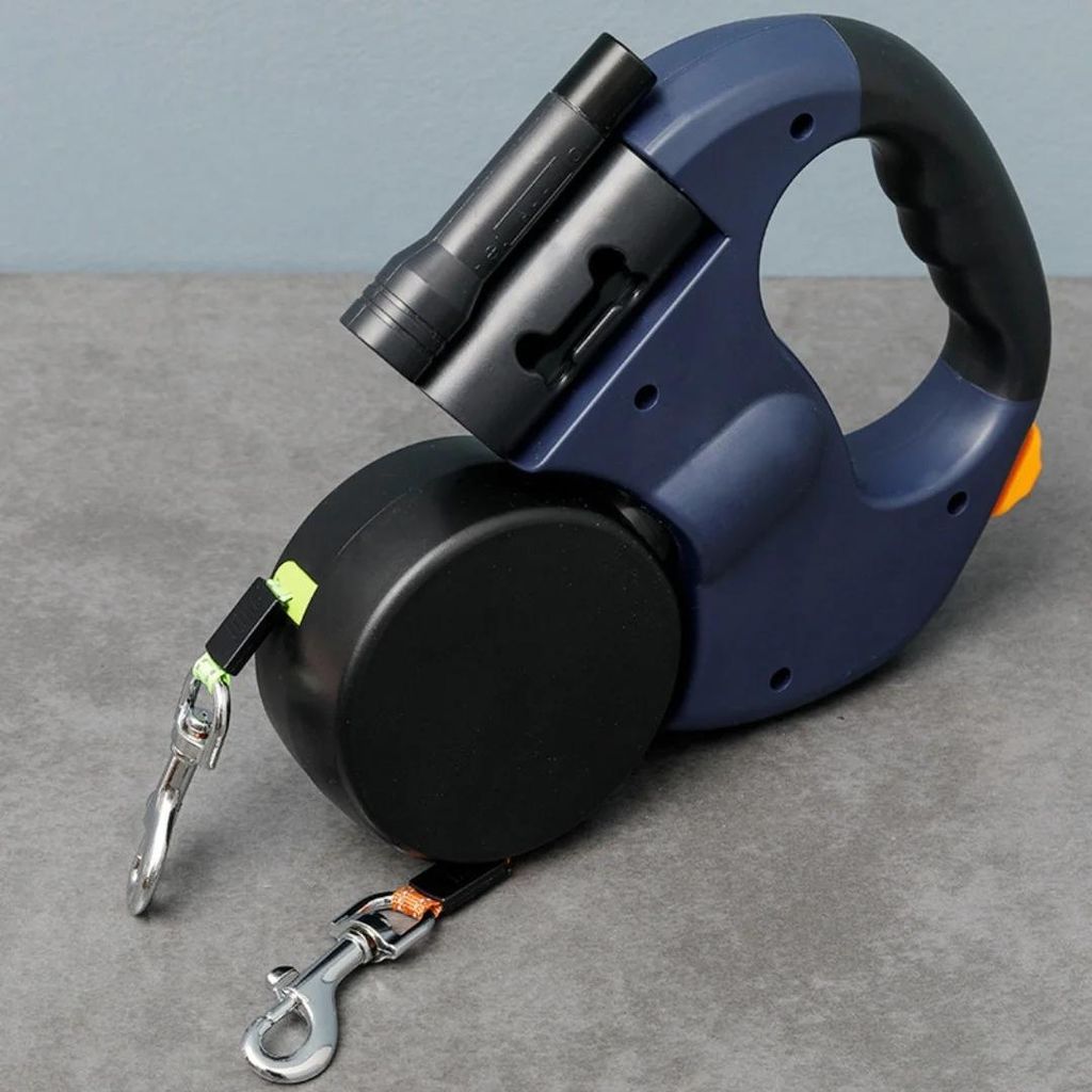 Doppelte Hundeleine - Automatisch ausziehbar - LED-Licht - 360° drehbar - Reflektierend - Multifunktionsbox - Für kleine & mittelgroße Hunde - Blau