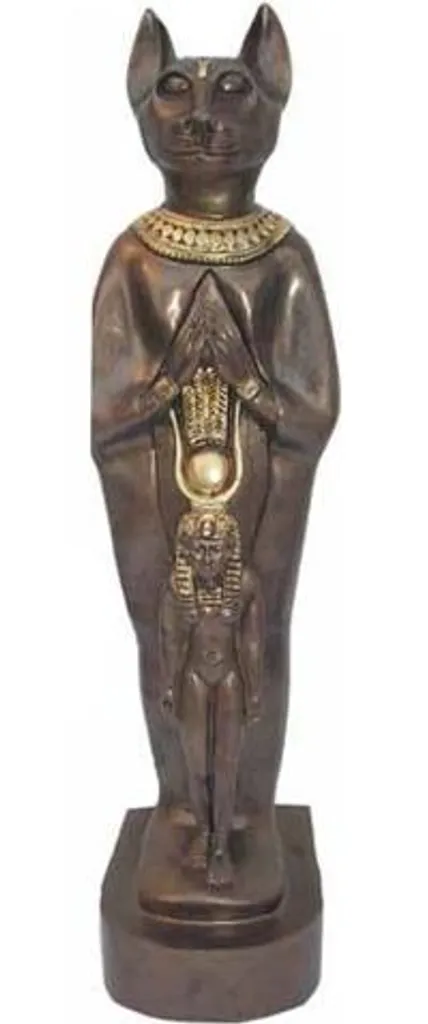 Déesse Chat Bastet Statue Égyptienne avec Gravures Hiéroglyphes et Or