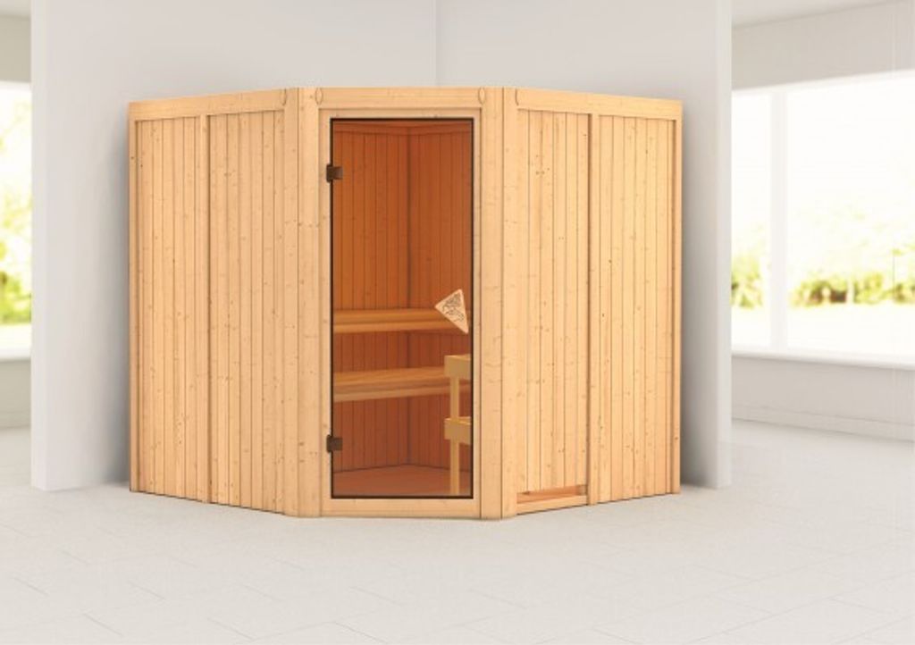 Karibu Sauna Innensauna Jarin Eckeinstieg ohne Zubehör 196x196x198 cm ohne Dachkranz mit Bronzierte Tür