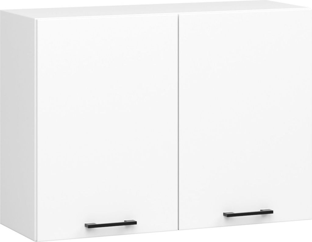 A white kitchen wall cabinet with two doors and black handles.
