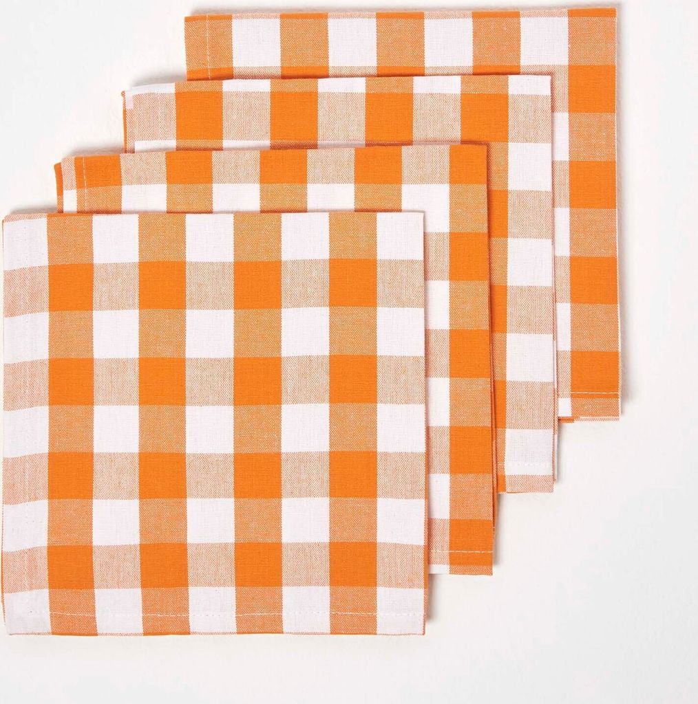 HOMESCAPES Orange karierte Stoffservietten aus Baumwolle im 4er Pack