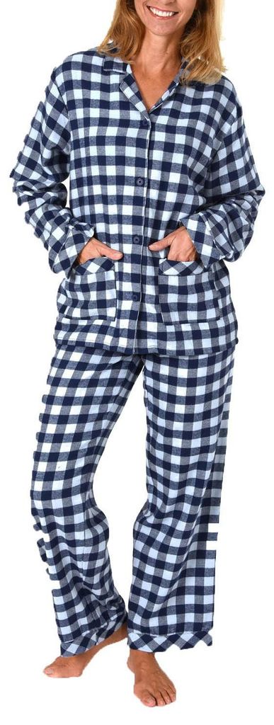 Damen Flanell Pyjama Schlafanzug in Karo Optik zum durchknöpfen - 281 201 15 531 ; blau , 40
