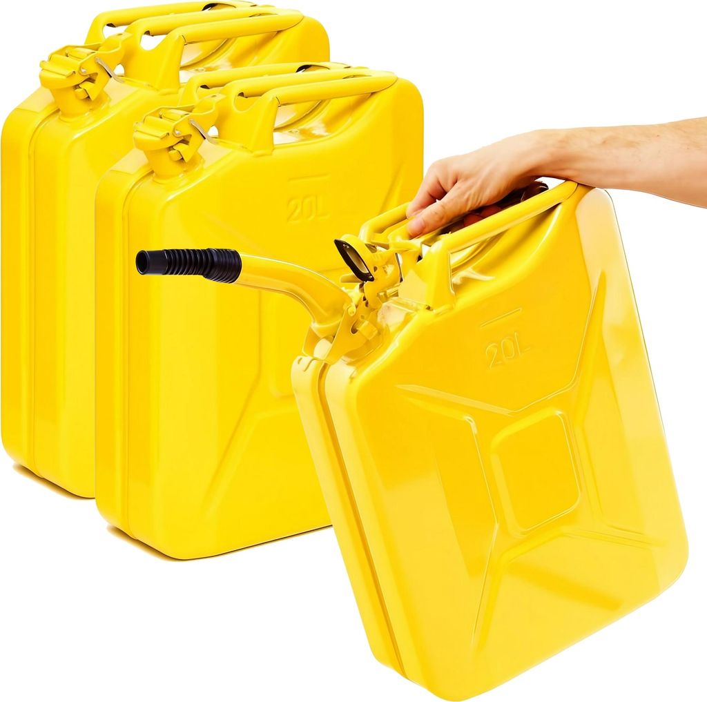 BW Kraftstoffkanister Metall Benzinkanister 3x 20 Liter mit Ausgießer - Gelb RAL 1018 - UN-Zulassung - Hergestellt in Europa