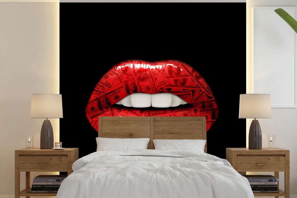 MuchoWow Fototapete für Wohnzimmer oder Schlafzimmer Wandtapete Vinyl Motivtapete Lippen - Geld - Rot - 350x350 cm - Schlafzimmertapete