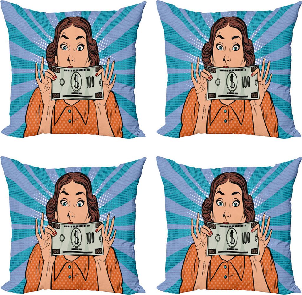 ABAKUHAUS Retro Kissenbezug Set (4 Stück), Frauen-Holding-Dollar-Schein, Moderner Doppelseitiger Digitaldruck, 45 cm x 45 cm, Mehrfarbig