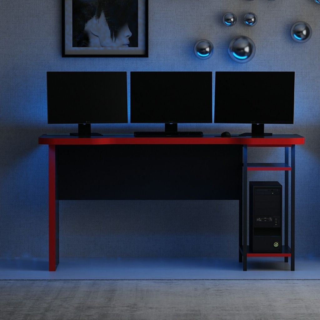 Skye Decor, Phoenix 8 - Black, Red, Gaming-Schreibtisch, Schwarz, 100 % MELAMINBESCHICHTETE SPANPLATTEN, 150 x 60 x 76 cm