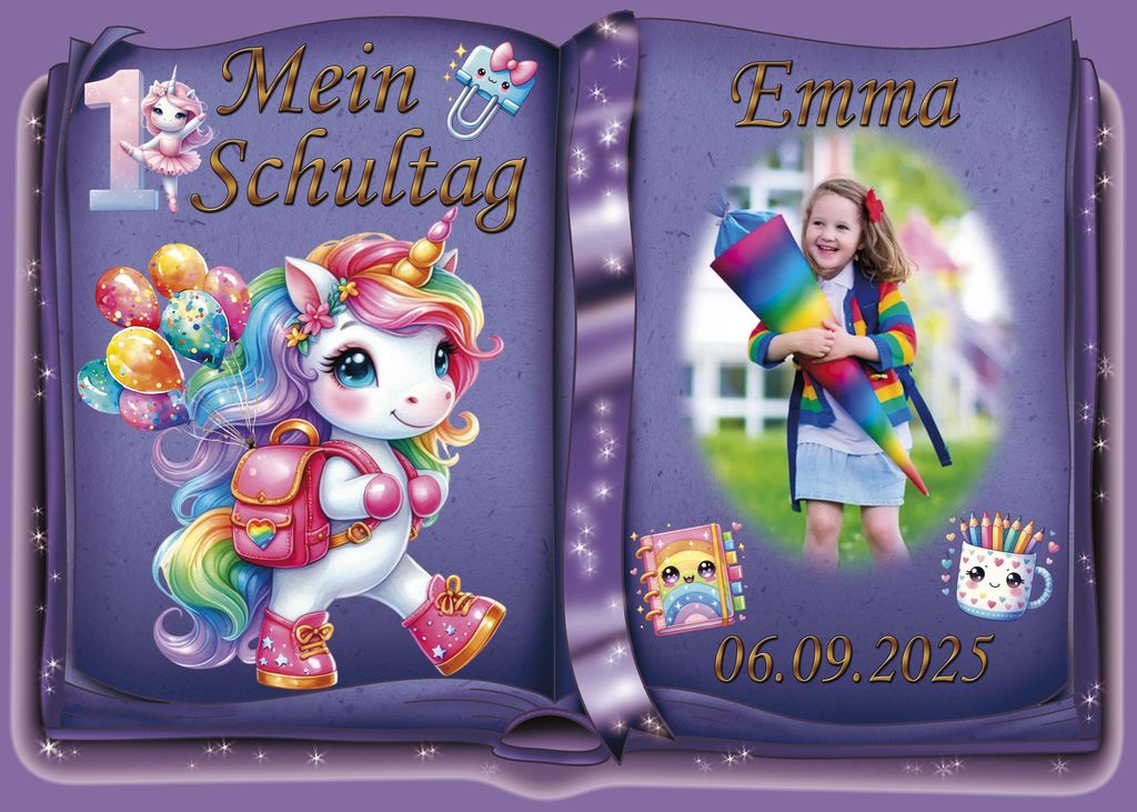 Tortenaufleger Tortendeko Fototorte Tortenbild Einhorn Regenbogen Einschulung Schulanfang 1. Schultag Schuleinführung SE07 (Zuckerpapier) DIN A4 m...
