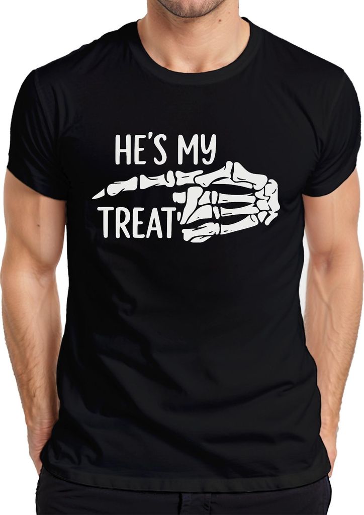 Halloween Skeletthand Paar Spruch He's my treat Lustig Partner Herren T-Shirt, Schwarz, L
