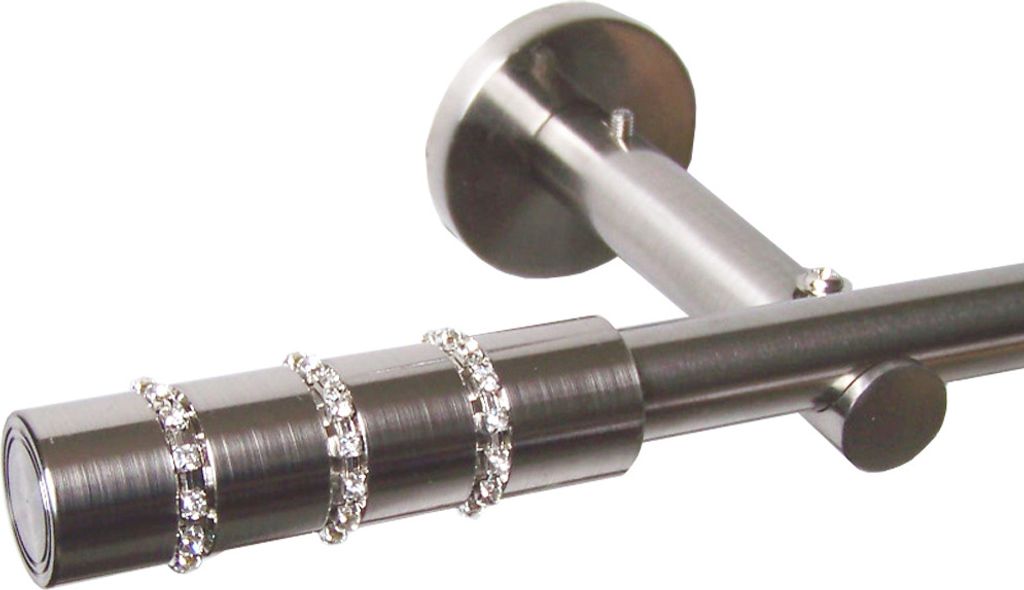 Gardinenstange Set Edelstahl Look Metall Ø 16mm zur Wandbefestigung 1-lauf Modern Kappe mit Kristall , Länge wählbar H12E25