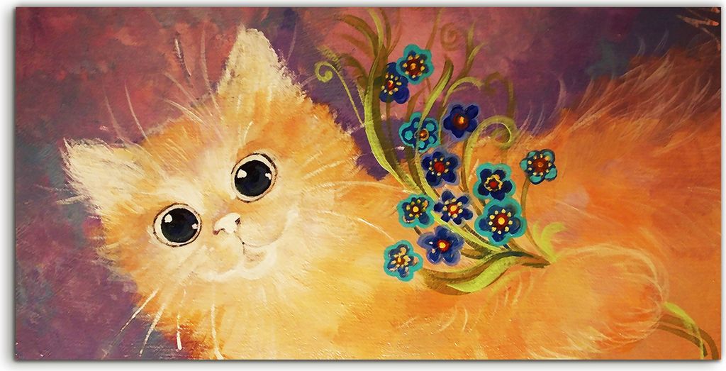 Coloray Acrylbild 100x50 Wandbild Acrylbilder Süßes Tier mit Blumen gemalte Katzen