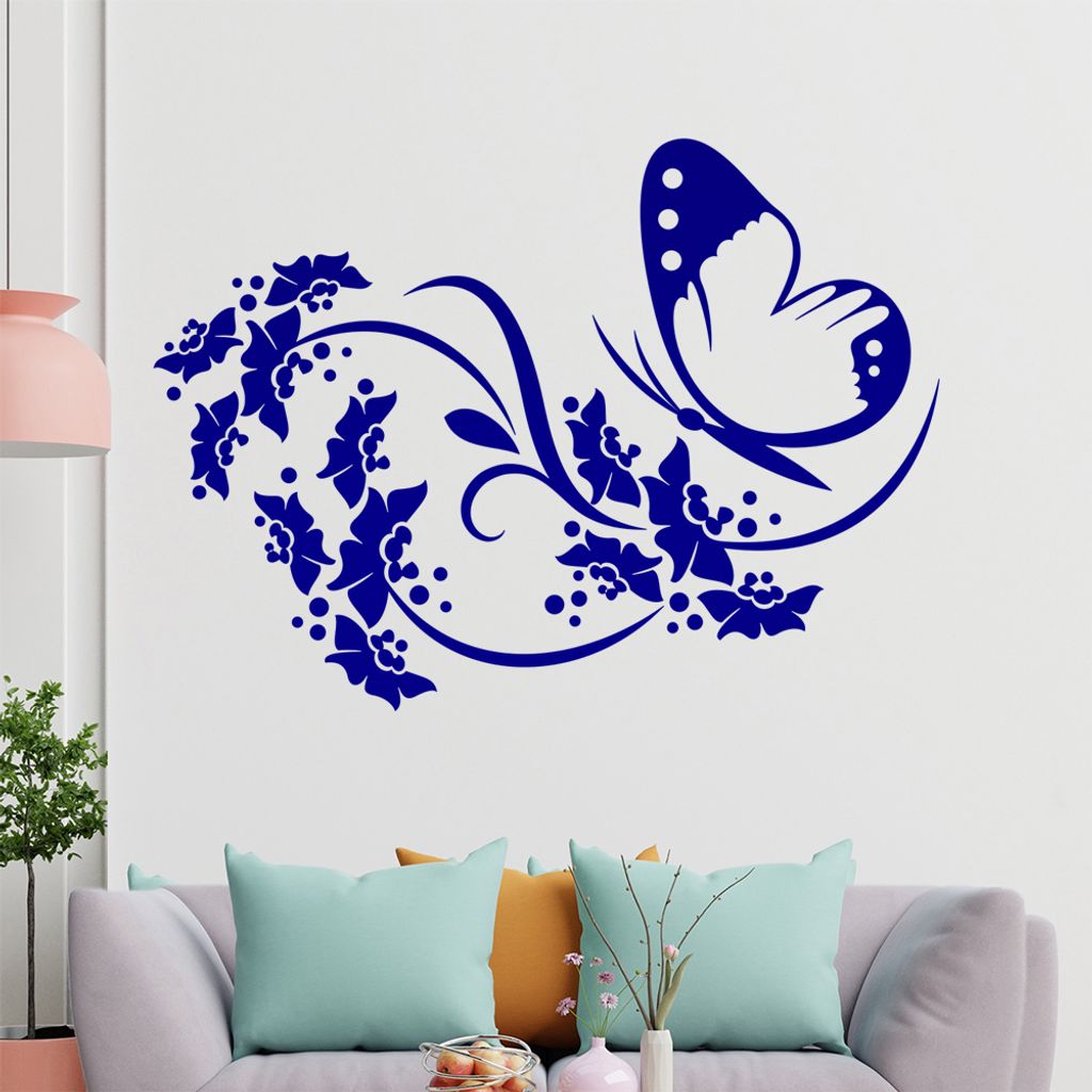 Falter Schmetterling Blüte Wandtattoo in 6 Größen - Wandaufkleber Wall Sticker - Dekoration, Küche, Wohnzimmer, Schlafzimmer, Badezimmer