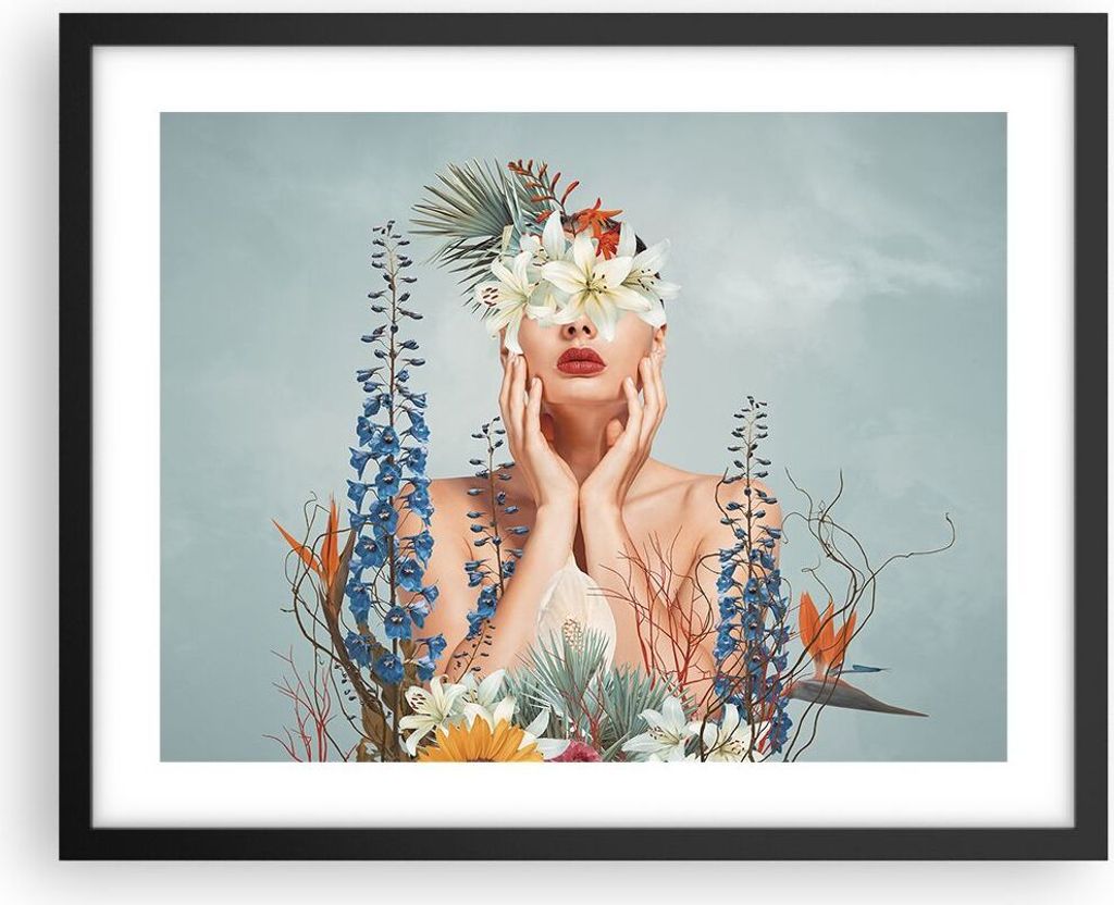 Gerahmtes Poster - Schwarzer Rahmen - Surreal Frau Blumen - Produktbild 