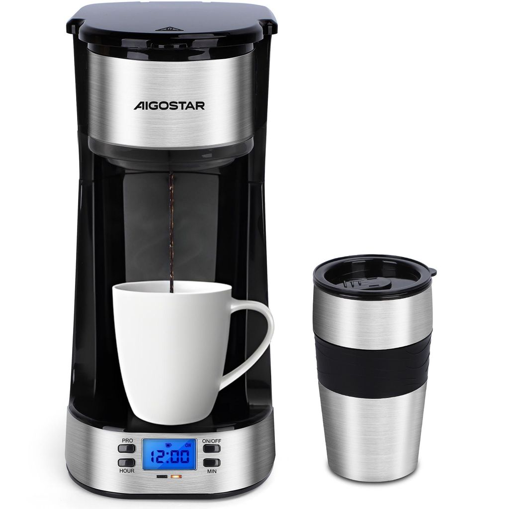 A coffee maker with a mug and a travel mug.