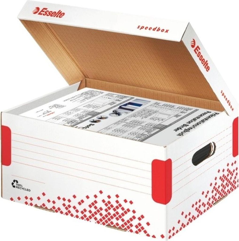 Archívna krabica Esselte Speedbox A4 so sklápacím vekom biela/červená 355×193×252 mm