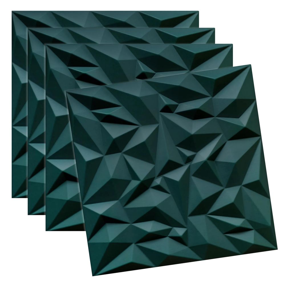 Four dark green 3D wall panels are arranged in a staggered, overlapping manner against a white background.