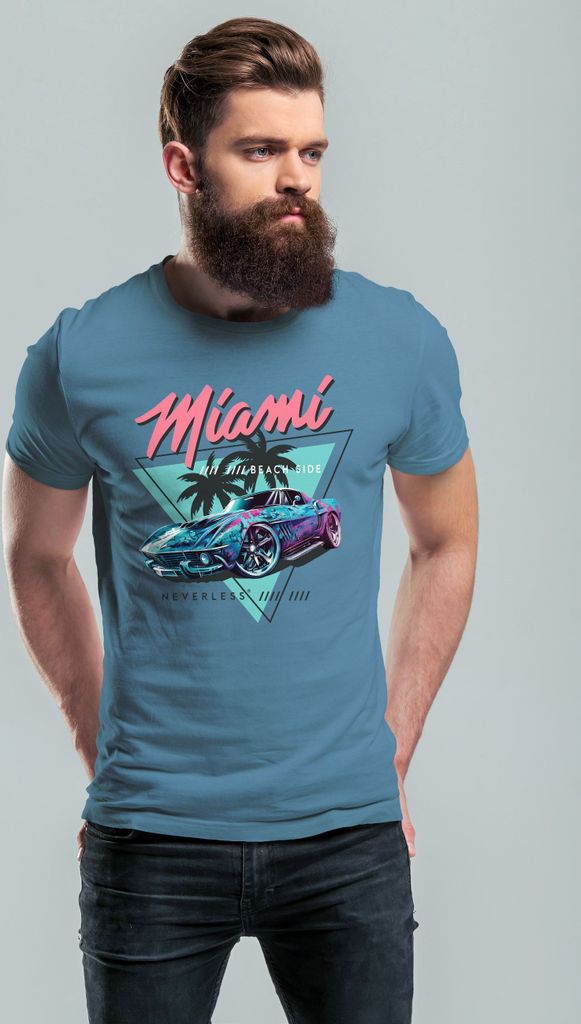 Herren T-Shirt Bedruckt Miami Beach Surfing Motiv USA Retro Automobil 80er Fashion Streetstyle Neverless stone blue XL