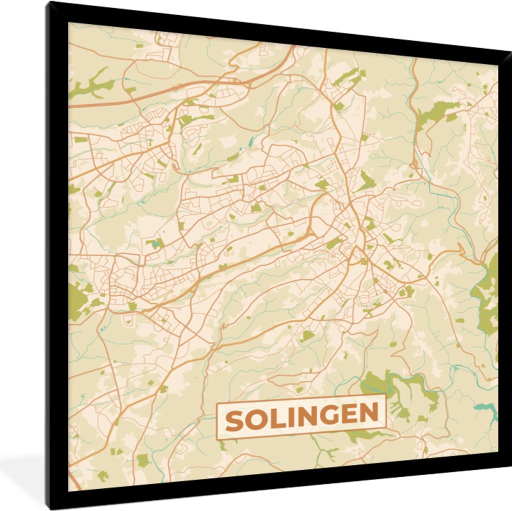 MuchoWow Gerahmtes Poster Stadtplan - Solingen - Stadtplan - Vintage 40x40 cm - Poster mit Schwarzem Bilderrahmen Wandposter Rahmen Foto Bilder -...