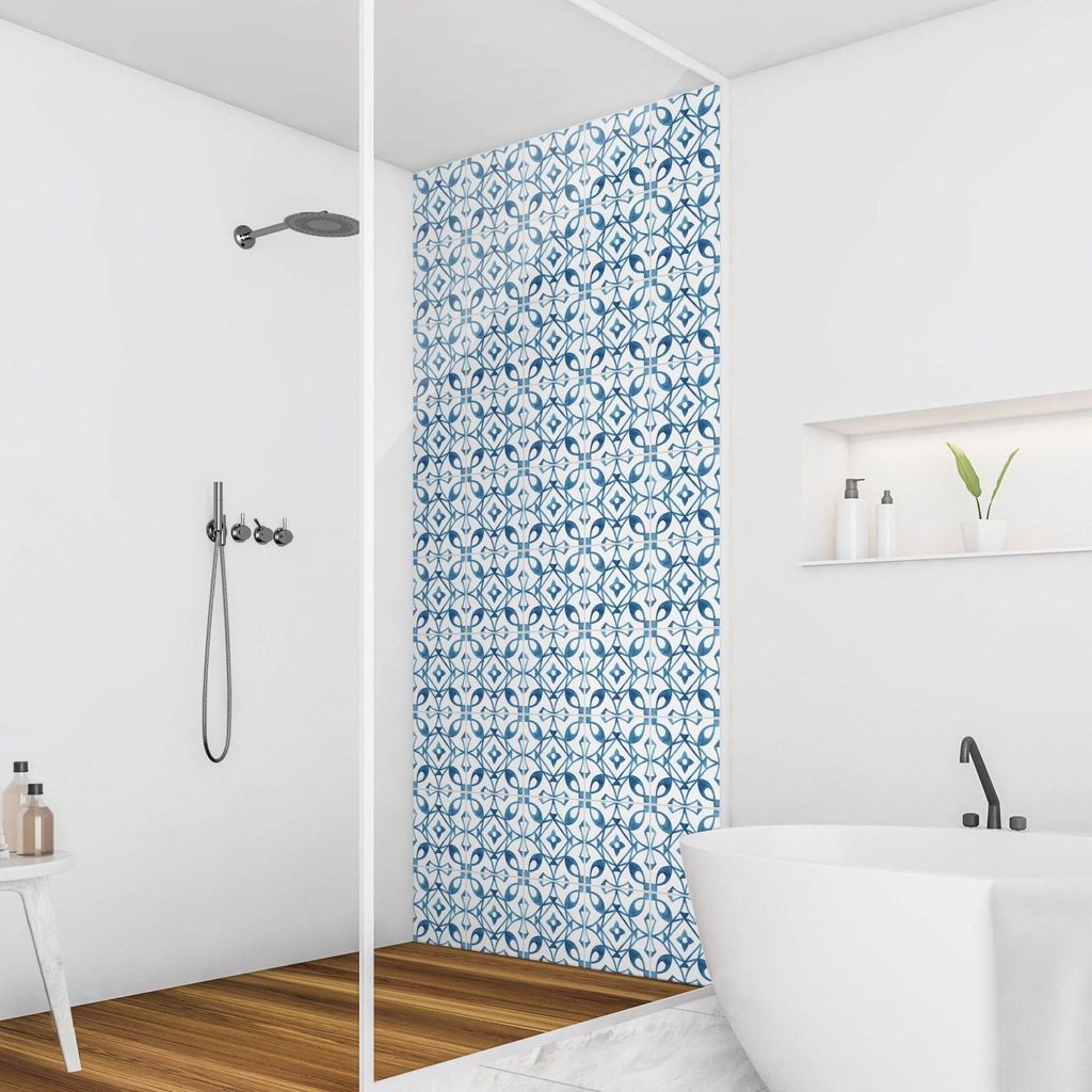 Duschrückwand Muster selbstklebend - 0.35 mm Wandpaneel wasserfest Ornament blau Fliesenoptik Badrückwand fugenlos Smart matt 90x190 cm