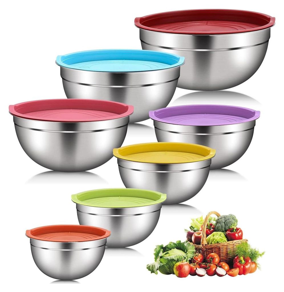 7 Edelstahlschalen mit farbigen Deckeln, Salatschüssel, Produktbild 
