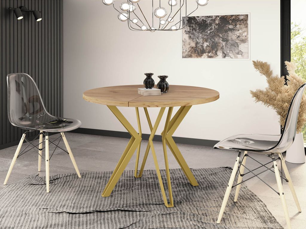 Runder Tisch für das Esszimmer - 100 oder 120 cm Durchmesser - Ausziehbarer Tisch mit Pulverbeschichteten Goldenen Metallbeinen - Industriestil - ...