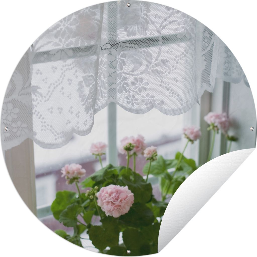 MuchoWow Gartenposter Outdoor-Poster Rund Geranienstrauß auf der Fensterbank Ø 90 cm Gartendeko Rundes Poster draußen