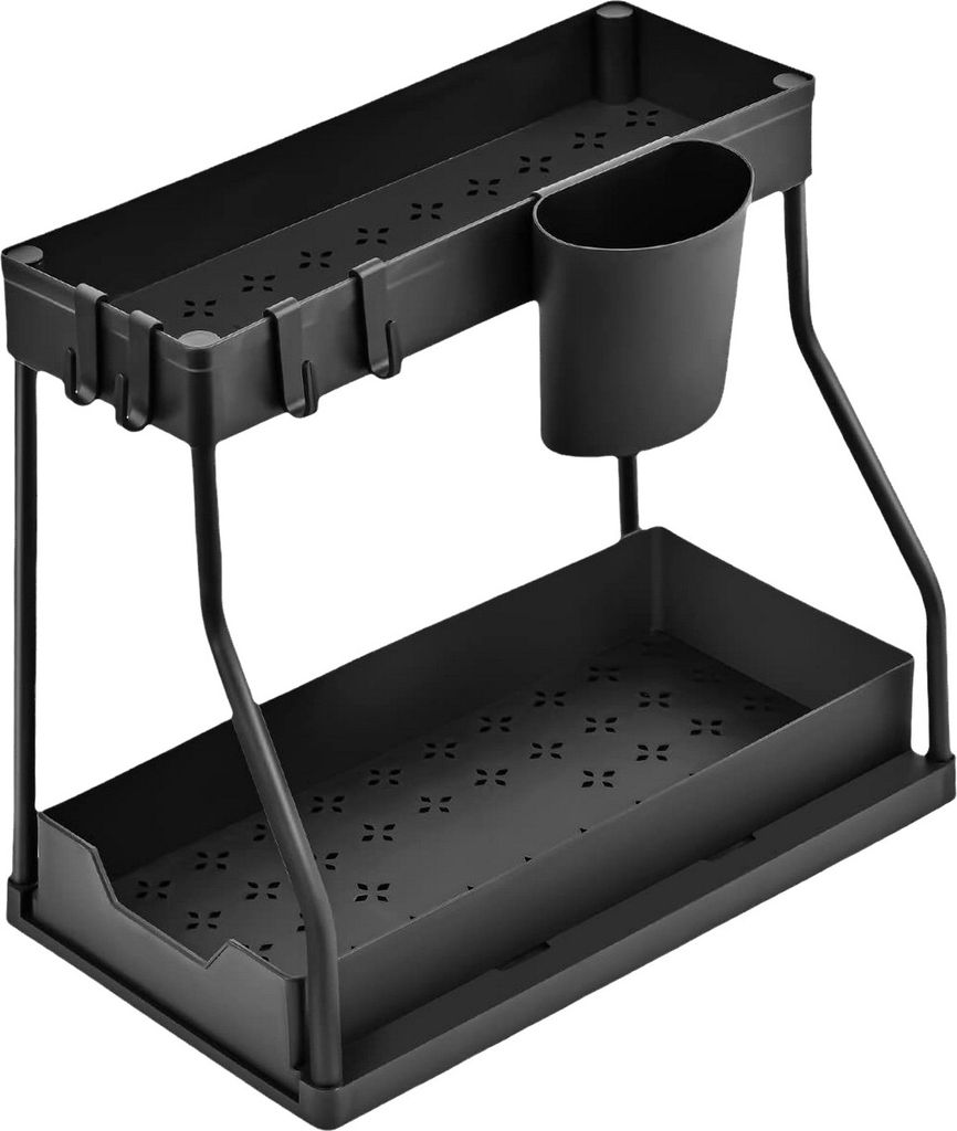 Aufbewahrungsregal für die Küche unter der Spüle mit Haken, doppellagig, L-förmig, ausziehbar, großes Fassungsvermögen, Aufbewahrungsregal f...