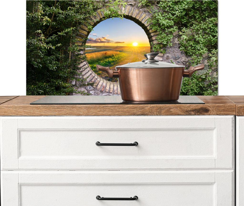 KitchenYeah Spritzschutz Küche - Küchenrückwand - Wandschutz für Herd und Spüle - Landleben - Ausblick - Sonne 90x45 - Alu-Dibond (Alternat...
