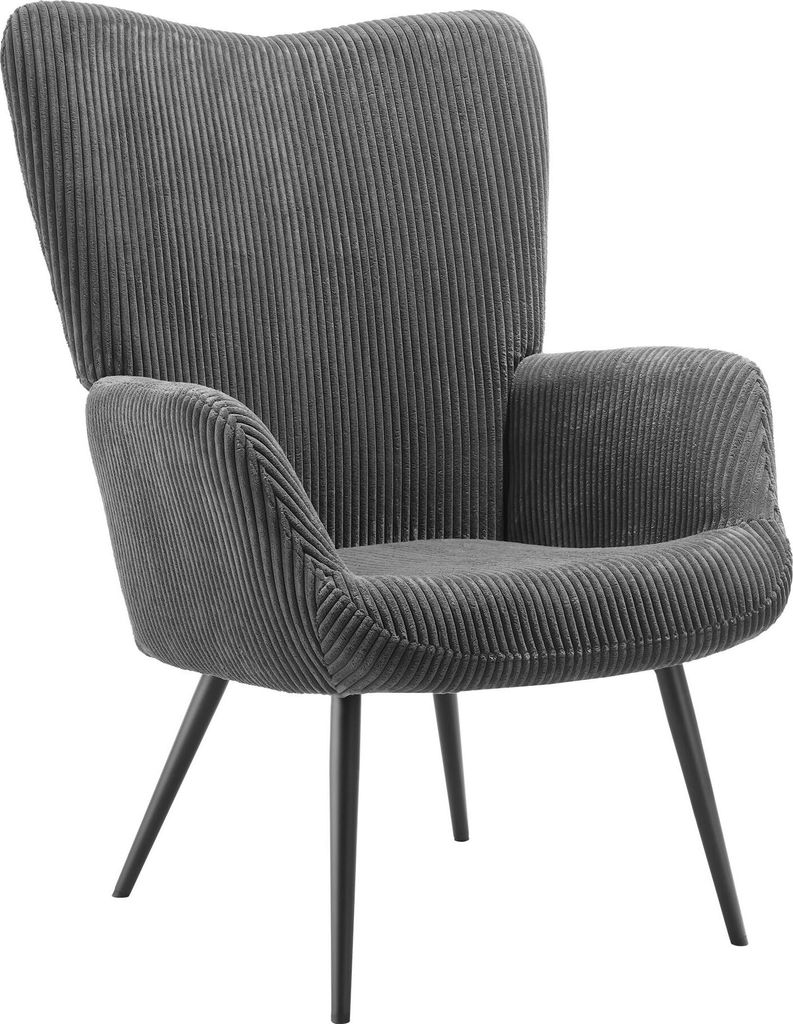 A gray corduroy armchair with black legs, shown from the front.