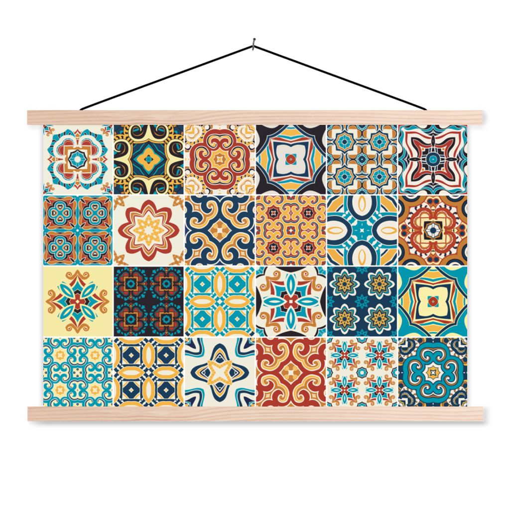 MuchoWow Textilposter Blumen - Vintage - Muster - Blau - Orange 120x80 cm mit holzfarbenen Rahmen - Aufhängeset