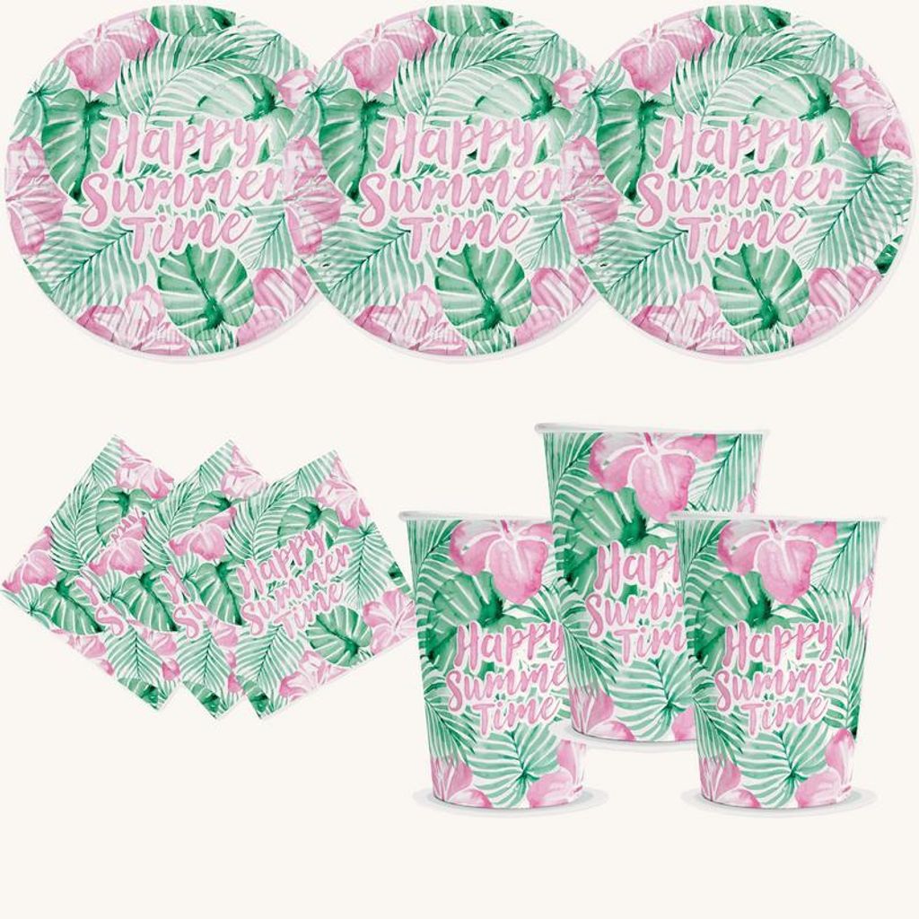 Happy Summer Time Partyset, 16 Pappteller 23 cm, 16 Pappbecher 210 ml, 20 3-lagige Papierservietten 33 x 33 cm