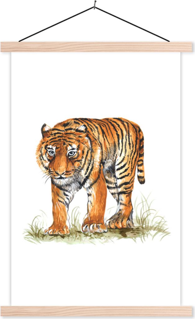 MuchoWow Textilposter Tiger - Kopf - Gras 40x60 cm mit holzfarbenen Rahmen - Poster