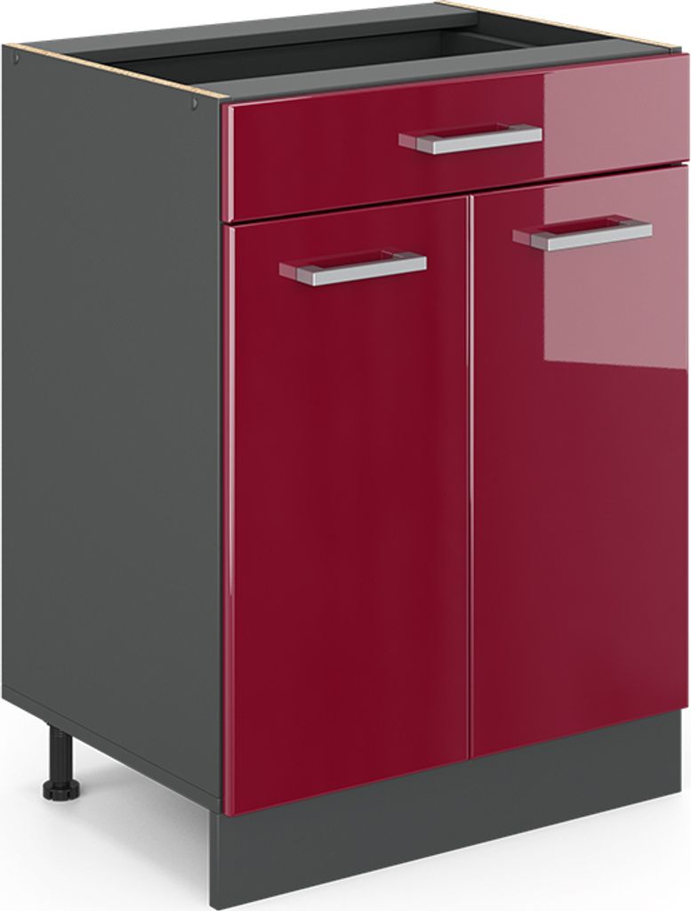 A kitchen base cabinet with red high gloss doors and a gray exterior.