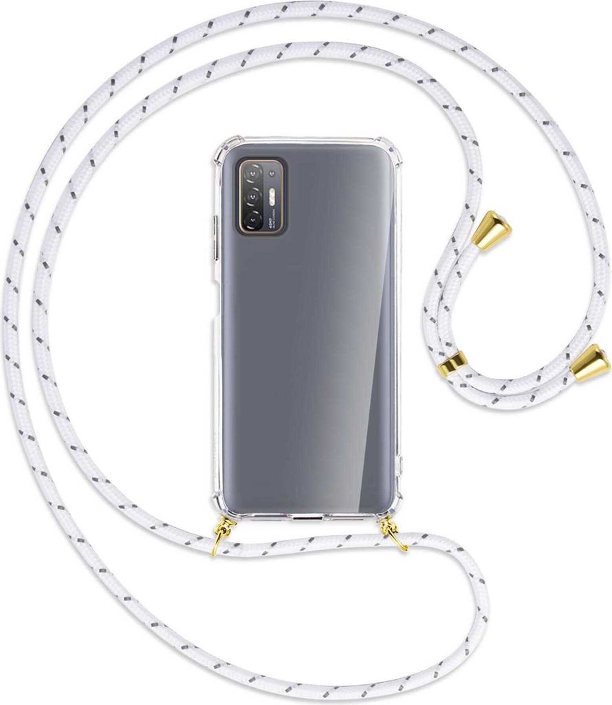 Handykette Backcover-Schutzhülle mit Band (Metall goldfarben) für HTC Desire 21 Pro - weiß/grau