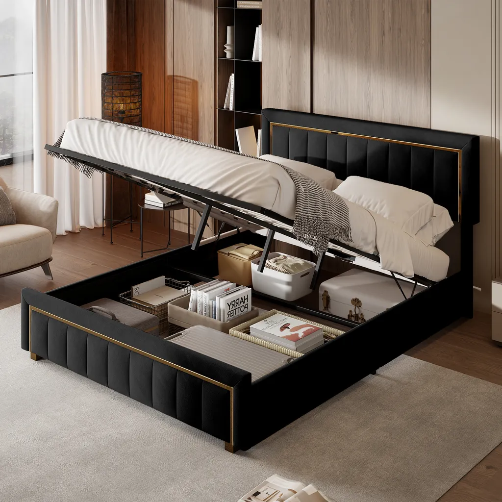 Lit double en velours noir 140x200 cm avec sommier coffre relevable