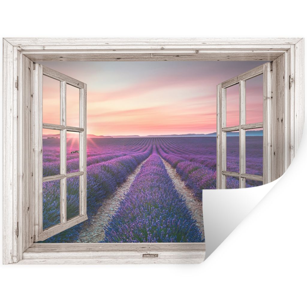 MuchoWow Wandtattoo Wandsticker Wandaufkleber Durchsichtig - Lavendel - Blumen - Holz - Sonnenuntergang - Lila 120x90 cm Selbstklebend und Reposi...
