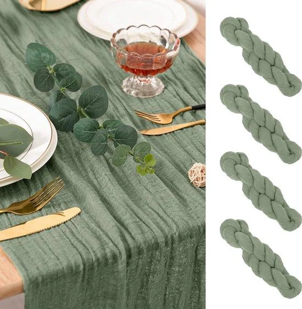 Lot de 4 chemins de table en gaze vert sauge décoratifs 90x300 cm