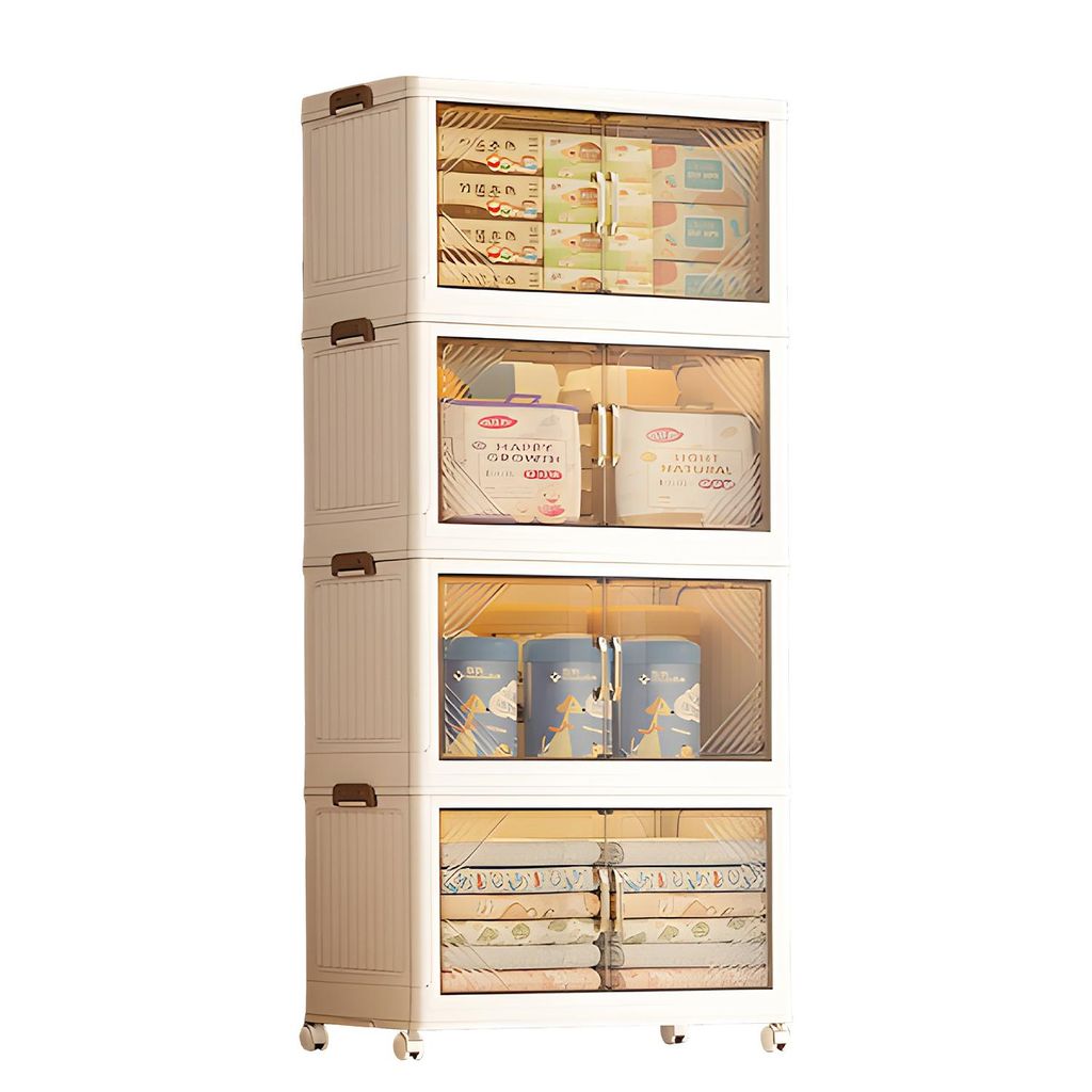 OFMOTRA Faltbare Aufbewahrungsbox mit Deckel Mehrzweckschrank mit 4 Ebene frei kombinierbar Aufbewahrungsbox jede Etage traegt 15 kg 109x65x39cm Weiß