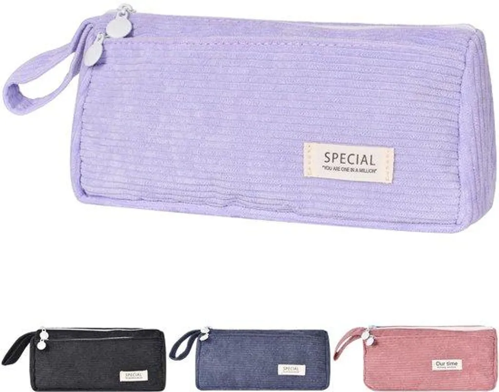 Trousse violette en velours côtelé doux, pochette scolaire résistante