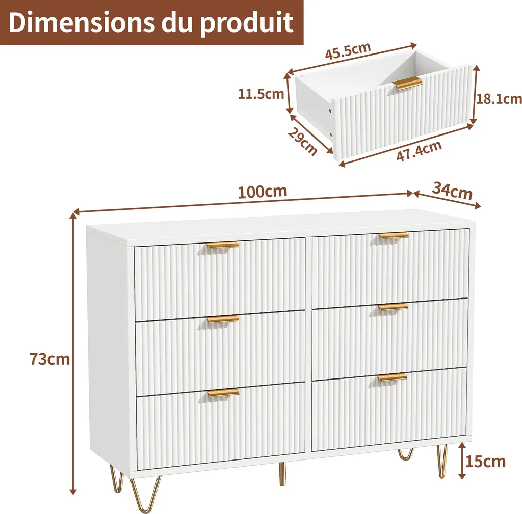 Cassettone Ondulato Bianco 6 Cassetti - Comò Moderno per Camera - 5
