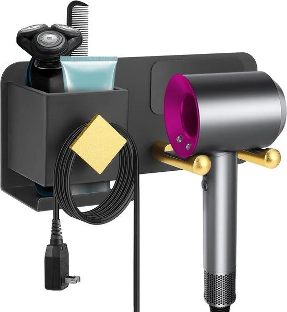 Support sèche-cheveux adhésif noir mat en aluminium résistant à l'eau