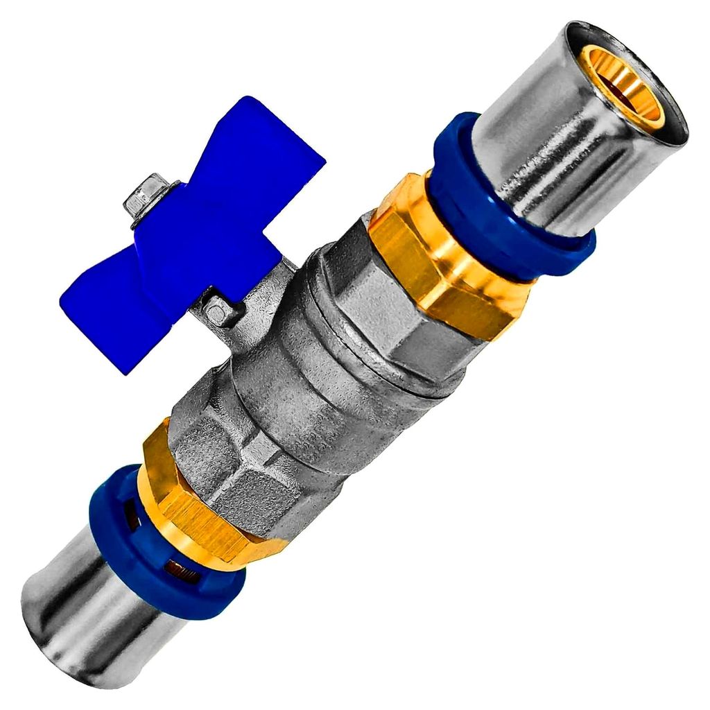 Kugelhahn aus Messing mit blauem Flügelgriff und Pressfitting-Anschlüssen für 16,0 x 2,0 mm Mehrschicht-Aluminium-Verbundrohr